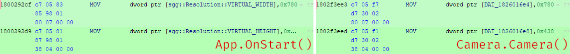 Comparing instructions to patch in `App.OnStart()` and `Camera.Camera()`