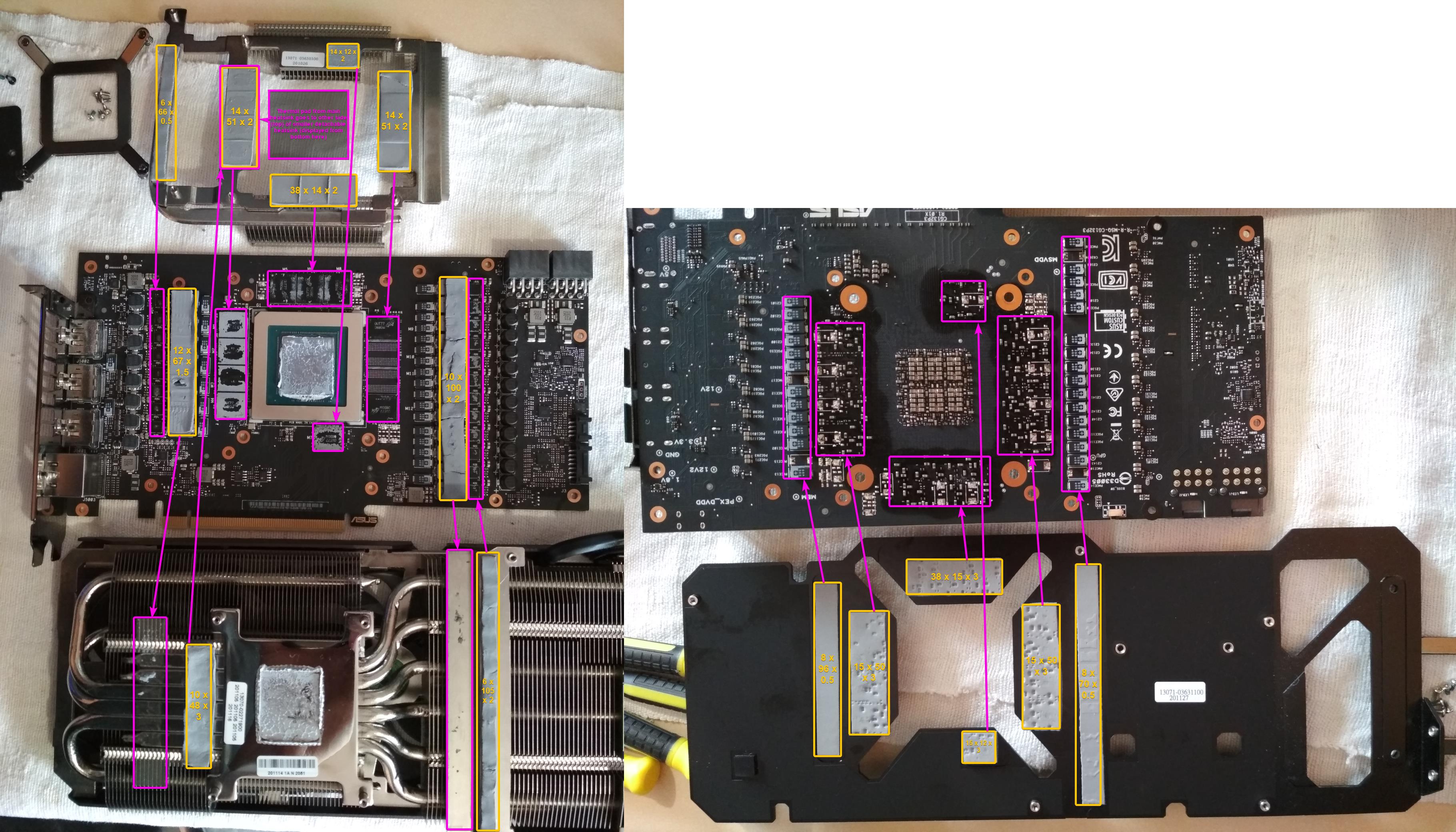 Factory thermal pad layout on ASUS TUF RTX 3080