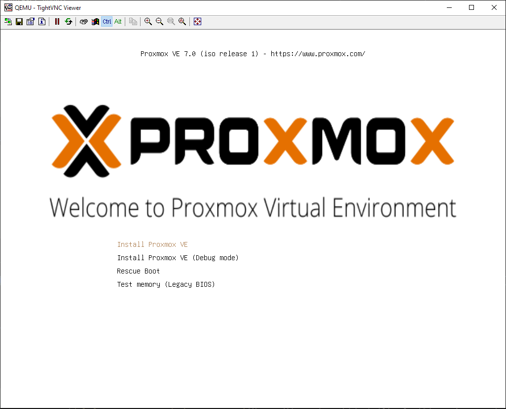 Interface graphique du programme d'installation Proxmox VE depuis TightVNC via QEMU